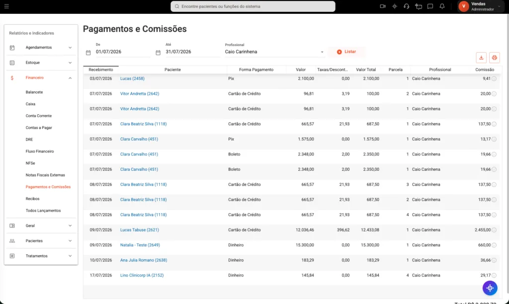 Tela de pagamento e comissões, DRE e relatórios financeiros por procedimento e profissional, integrada ao software odontológico Clinicorp.