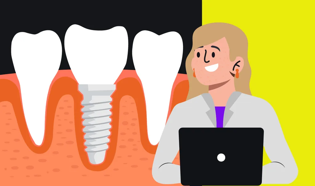 Ilustração sobre biomateriais na odontologia, mostrando implante dentário e profissional analisando dados clínicos no computador.