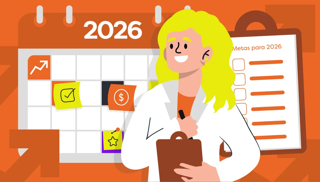 Gestor de clínica analisando metas em uma prancheta, com calendário de 2026 ao fundo, gráficos ascendentes e ícones de planejamento estratégico e organização.
