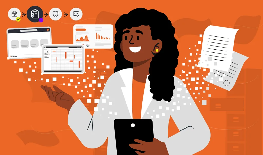 Gestão sem papel na odontologia: papeladas se transformando em interface digital em um tablet nas mãos do dentista, simbolizando a transição tecnológica da clínica moderna.