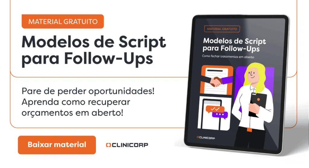 O banner da Clinicorp promove um conteúdo gratuito para dentistas e clínicas odontológicas aprenderem a realizar follow-ups e fechar tratamentos em aberto.