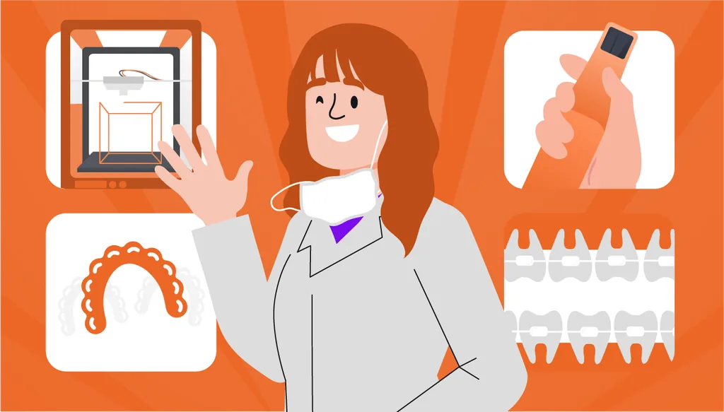 Dentista no centro da imagem com ícones de ortodontia digital ao redor, como scanner intraoral, alinhadores transparentes, impressão 3D e dados na nuvem, representando inovação e precisão clínica.