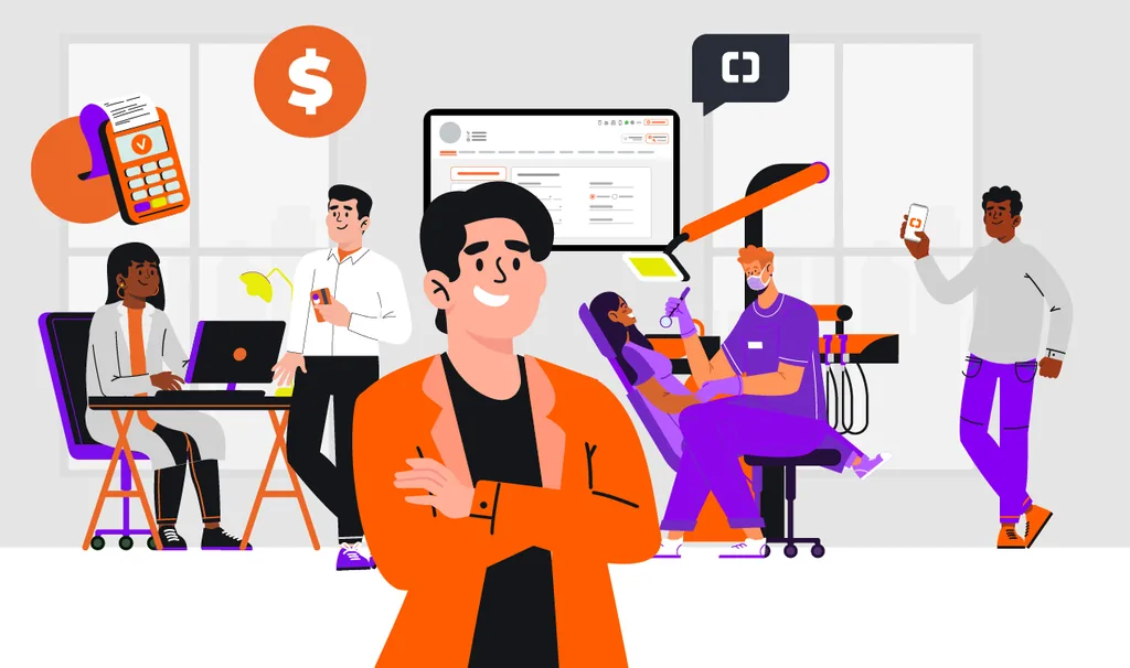 Ilustração representando clínica odontológica com equipe usando software odontológico para gestão, agenda e faturamento.