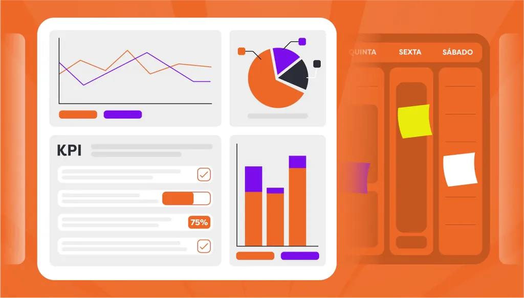 Relógio e calendário semanal ao fundo com dashboards flutuando, ícones de KPI e gráficos mostrando indicadores de uma clínica odontológica.