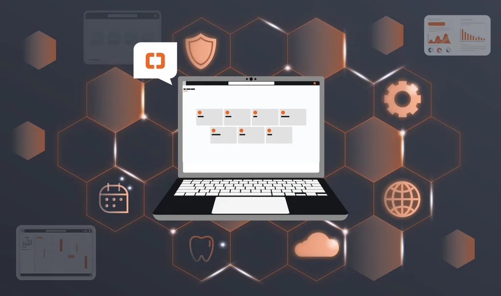 Dentista analisando o computador com o logo da Clinicorp em destaque, avaliando dashboards financeiros e indicadores de crescimento para tomar a decisão certa sobre software odontológico.
