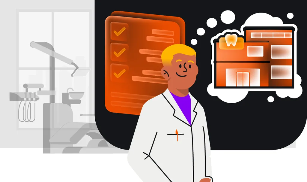 Dentista ao lado de um checklist bem preenchido em uma clínica odontológica pequena. Em um balão de pensamento, ele visualiza uma clínica maior, organizada e em crescimento, representando o planejamento anual e a evolução da clínica.