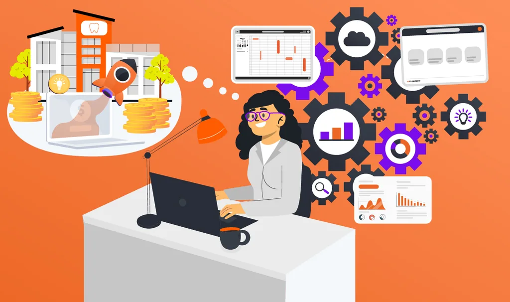 Ilustração de uma gestora de clínica trabalhando no computador, cercada por gráficos, relatórios, engrenagens e ícones de planejamento, tecnologia e resultados financeiros, representando o planejamento estratégico de uma clínica para 2026 com organização, metas claras e crescimento sustentável.