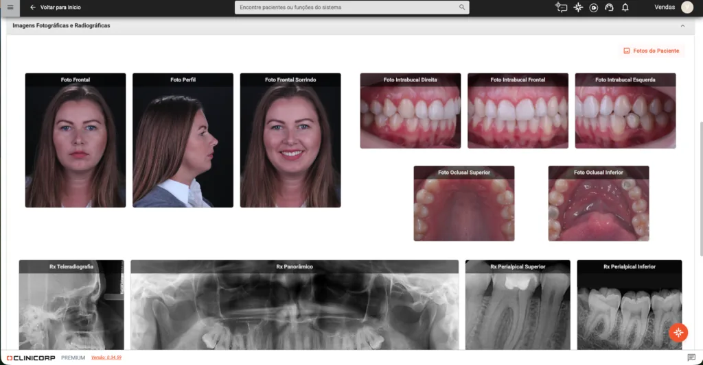 Ficha Ortodôntica do Clinicorp exibindo documentação completa do paciente para planejamento ortodôntico, com fotos faciais, imagens intrabucais e radiografias panorâmica, teleradiografia e periapical.