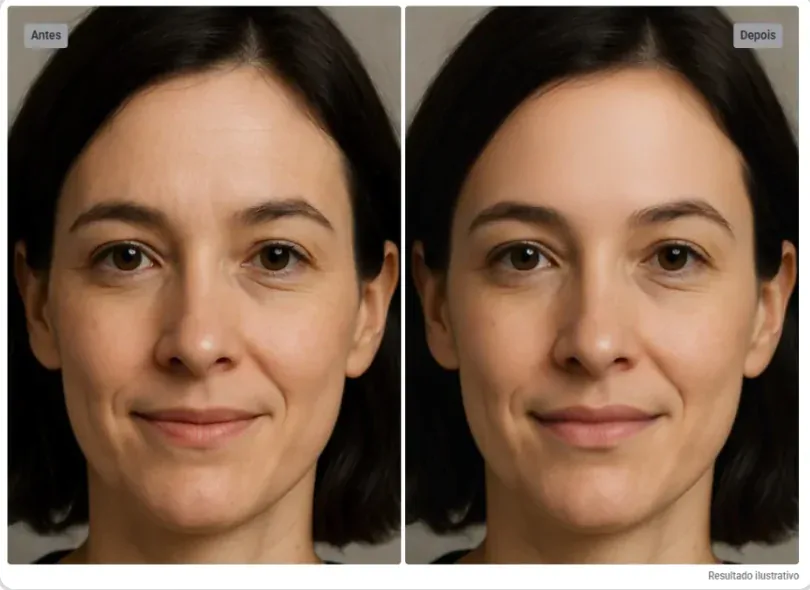Simulação de antes e depois de harmonização facial no rosto de uma paciente