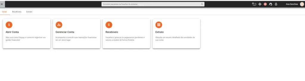 Tela da Clinipay no Clinicorp com as opções de conta, recebíveis e extrato