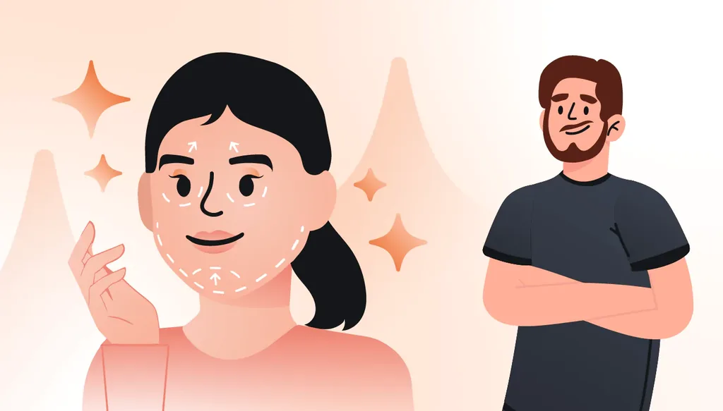 Estética facial: imagem ilustrada de paciente admirando o resultado do tratamento com o esteticista facial.