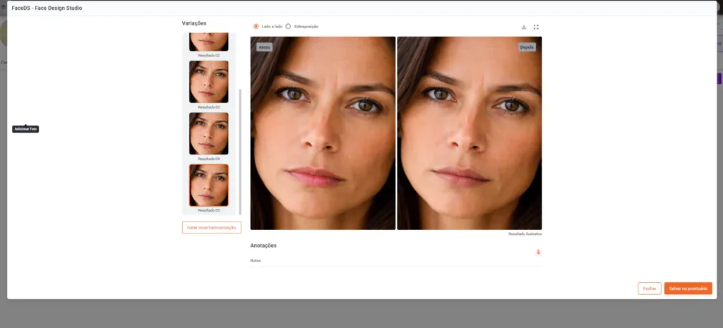 Face Design Studio do Clinicorp comparando o antes e o depois da simulação de harmonização facial