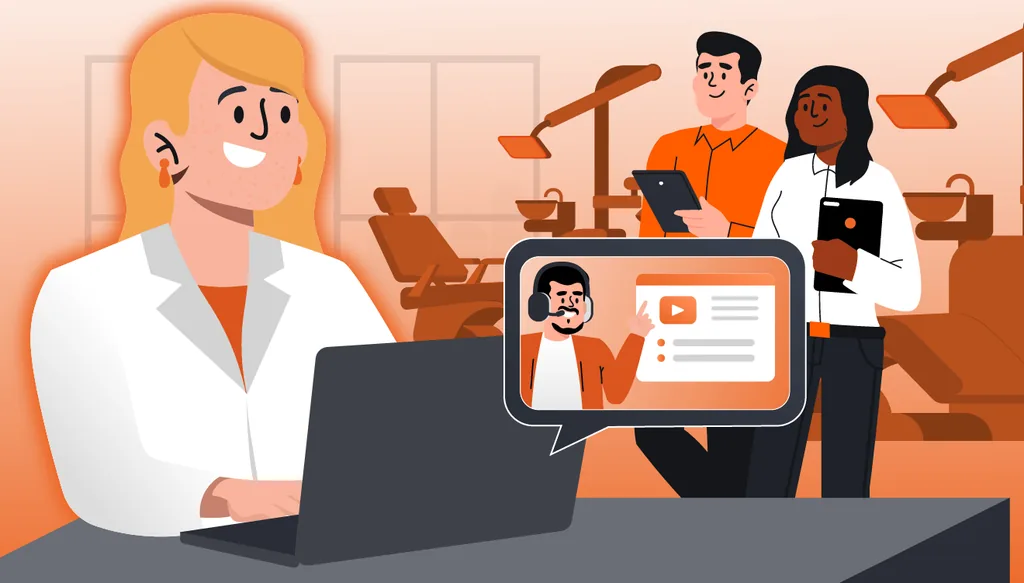 Dentista utilizando software odontológico simples no notebook enquanto equipe da clínica acompanha treinamento online em ambiente odontológico.