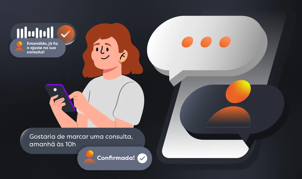 Imagem ilustrativa de uma paciente com celular na mão, onde ela entra em contato com um Agente de IA para clínicas e pede para marcar uma consulta.
