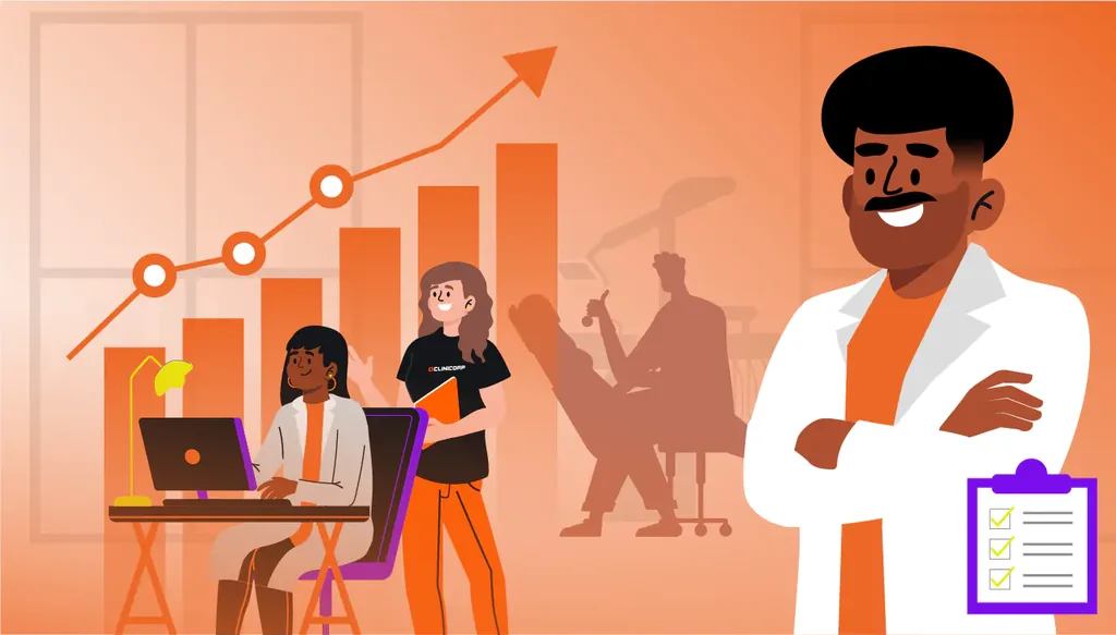 Gestor organizando sua rotina odontológica, em posição de liderança, com equipe ao fundo e gráficos de crescimento e checklist visíveis.