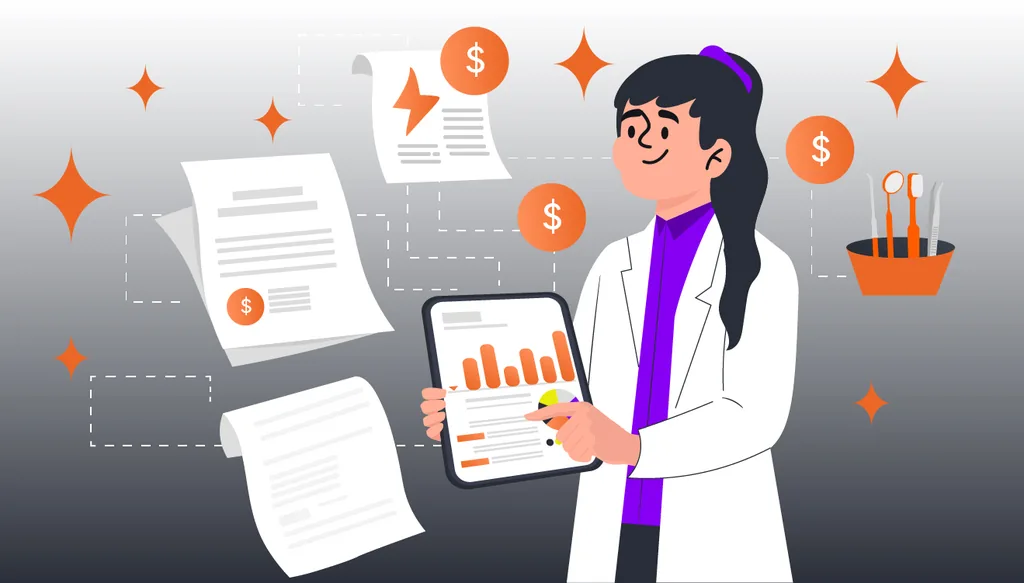 Custos fixos e variáveis: imagem ilustrativa de dentista segurando calculadora e tablet com gráficos financeiros. Elementos gráficos flutuando: conta de luz, folha de pagamento e materiais odontológicos.