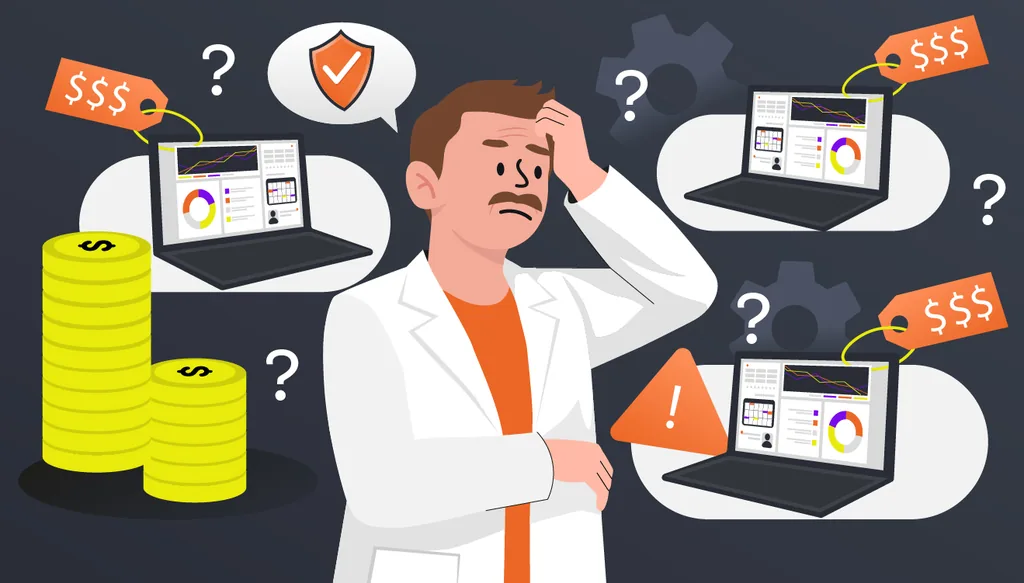 Ilustração de um dentista analisando diferentes opções de software odontológico, comparando preços, funcionalidades e custo-benefício para sua clínica.
