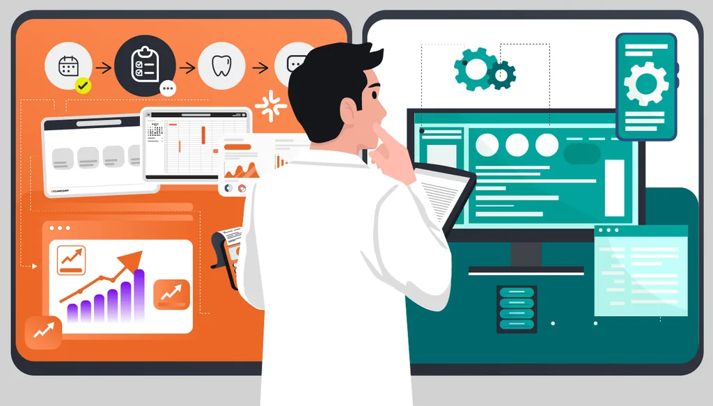 Ilustração de um dentista analisando e comparando diferentes interfaces de software de gestão, visualizando agenda, prontuário e gestão financeira.