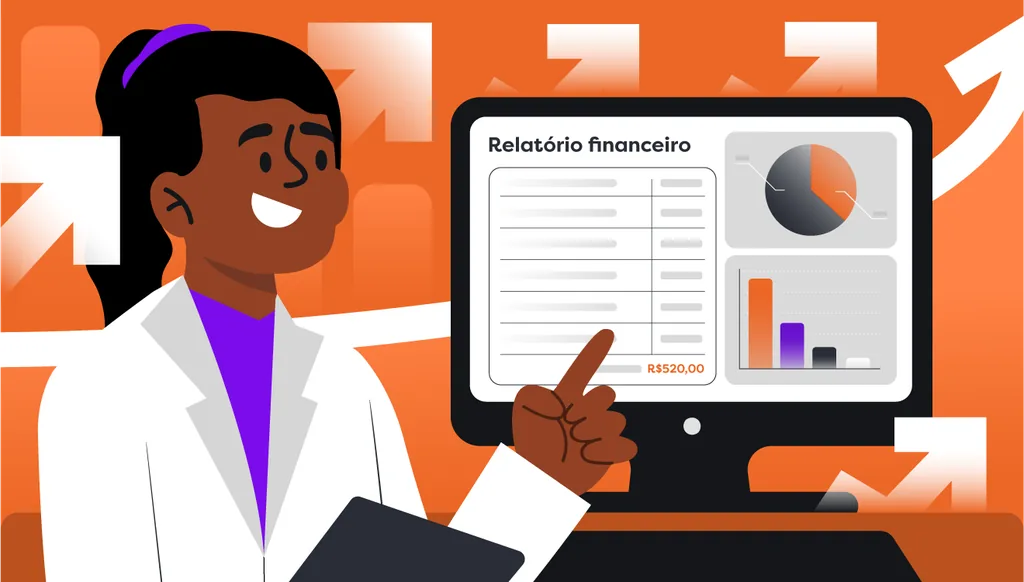Dentista analisando relatório financeiro em tela com gráficos e indicadores de faturamento do consultório odontológico.
