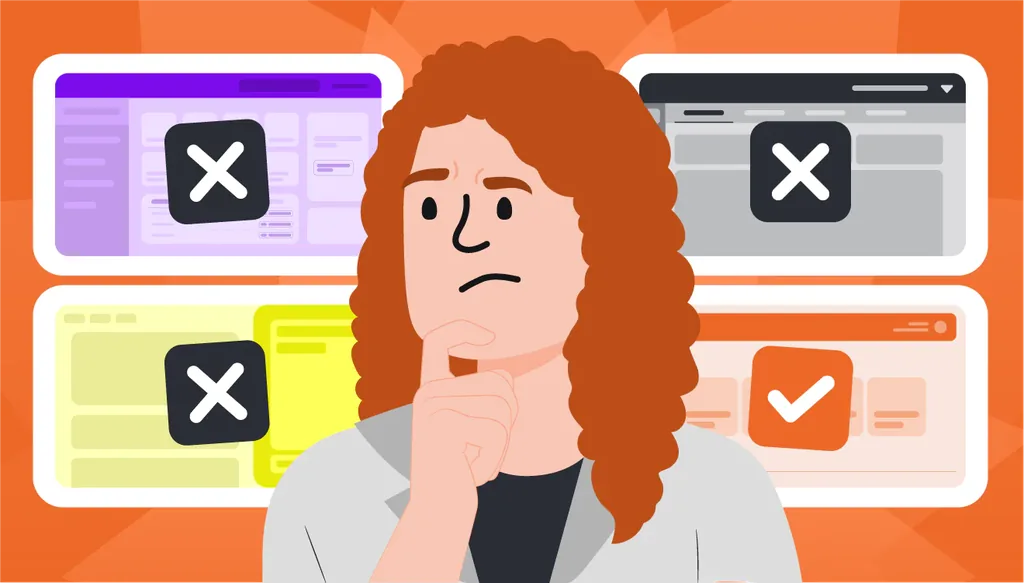 Ilustração de uma gestora decidindo o melhor software para uma odontologia simples entre várias opções de sistemas odontológicos.