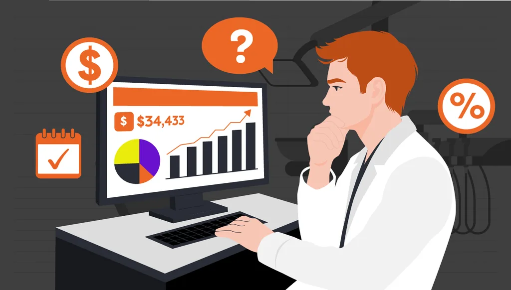 Dentista analisando dados de faturamento no computador, com gráficos de crescimento, indicadores financeiros e ícones de calendário, porcentagem e dúvidas ao redor.