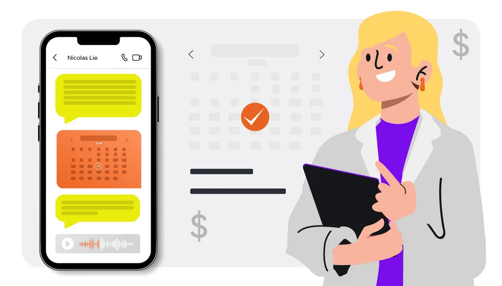 Conversão WhatsApp: imagem ilustrativa de celular central com conversa ativa e ícones de agendamento confirmado. Dentista sorrindo ao fundo. Elementos de funil de vendas discretos conectando conversa → agenda.