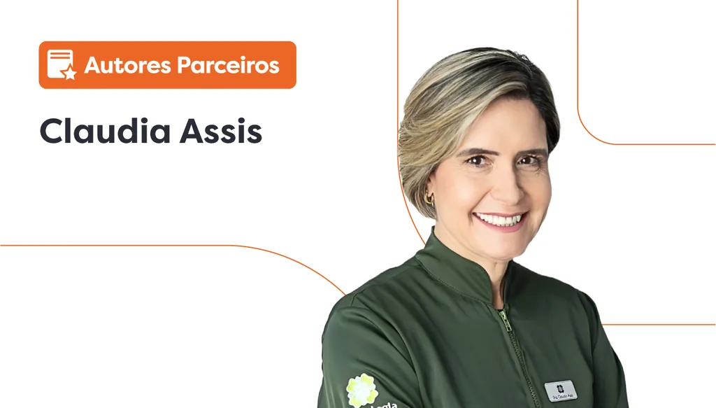Tecidos moles: imagem da Dr.ª Claudia Assis, ao lado dela, há um lettering escrito “autores parceiros”.