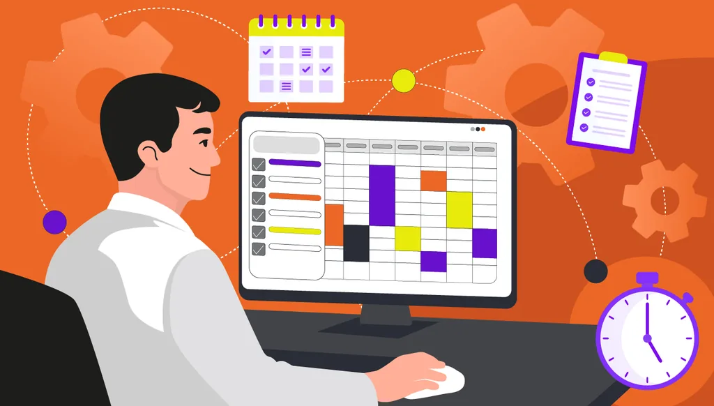 Rotina previsível. Dentista organizando agenda digital em software odontológico para melhorar a rotina e reduzir imprevistos na clínica. Fundo Laranja.