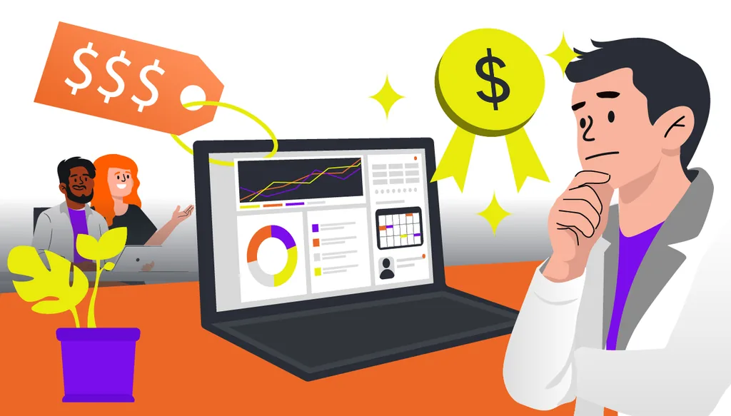 Tela de notebook central exibindo dashboard moderno. De um lado, etiqueta de preço alto. Do outro, símbolo de “custo-benefício”, simbolizando um software odontológico barato. Expressão do dentista analisando comparações.