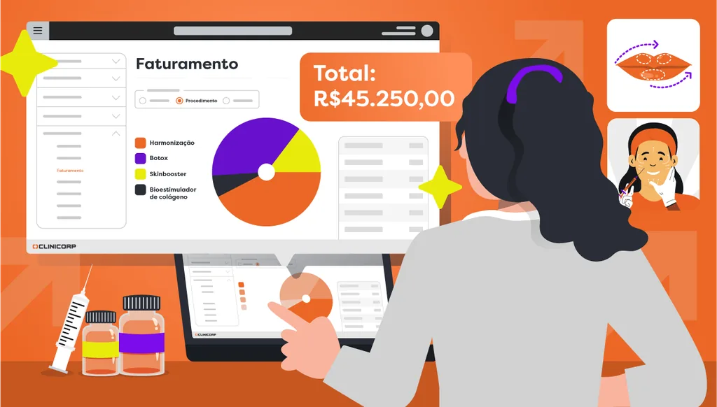 Profissional de clínica de estética analisando dashboard de faturamento por procedimento no sistema Clinicorp, com gráfico mostrando Harmonização, Botox, Skinbooster e Bioestimulador de colágeno.