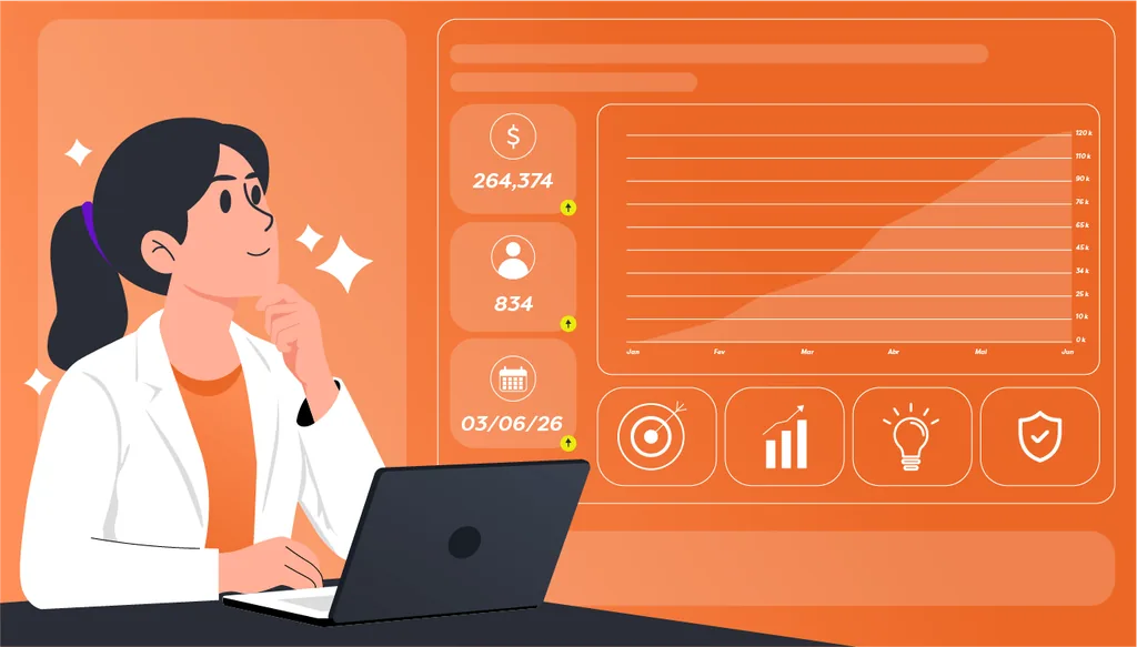 Imagem ilustrativa de um dentista analisando indicadores financeiros e gráfico de crescimento em dashboard digital para ter melhor previsibilidade de faturamento da clínica.