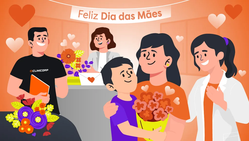 Ilustração sobre Dia das Mães na odontologia mostrando uma mãe com um buquê abraçando uma criança em um consultório decorado com corações, flores e faixa de “Feliz Dia das Mães”, enquanto profissionais da clínica recebem a família em um ambiente acolhedor.