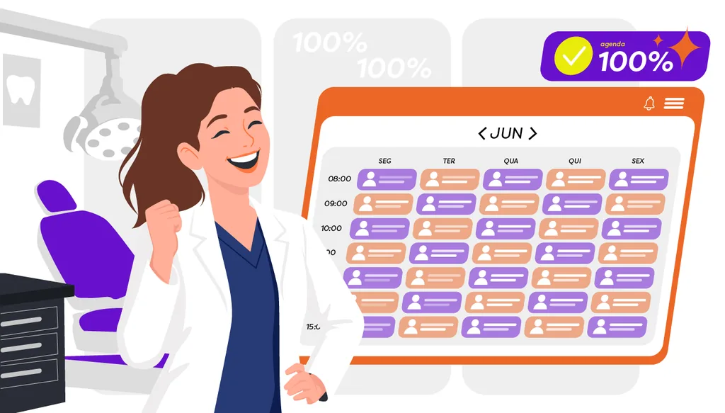 Ilustração de profissional de clínica de estética comemorando diante de uma agenda cheia no sistema, representando a redução de horários ociosos na clínica.
