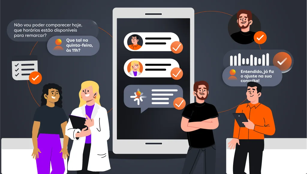 Imagem ilustrativa de celular com os Agentes Clinicorp IA automatizando atendimentos na odontologia. No fundo da imagem, vemos os colaboradores felizes, pois têm tempo livre para focar em demandas mais importantes da clínica.
