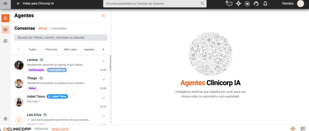 Tela dos Agentes Clinicorp IA com a lista de conversas ativas com pacientes