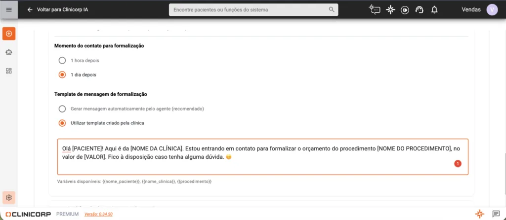 Configuração do momento do contato e do texto da mensagem de formalização do orçamento