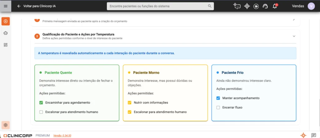 Configuração da qualificação do paciente por temperatura, com as ações permitidas para quente, morno e frio