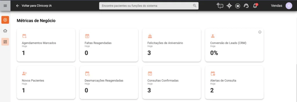 Métricas de negócio do dashboard dos Agentes Clinicorp IA, com agendamentos, faltas reagendadas e conversão de leads