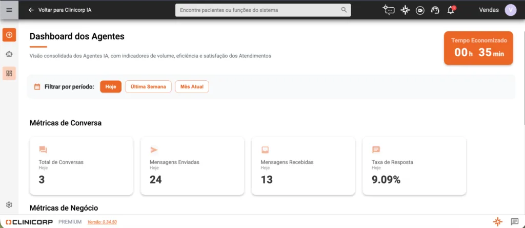 Dashboard dos Agentes Clinicorp IA com as métricas de conversa e o tempo economizado