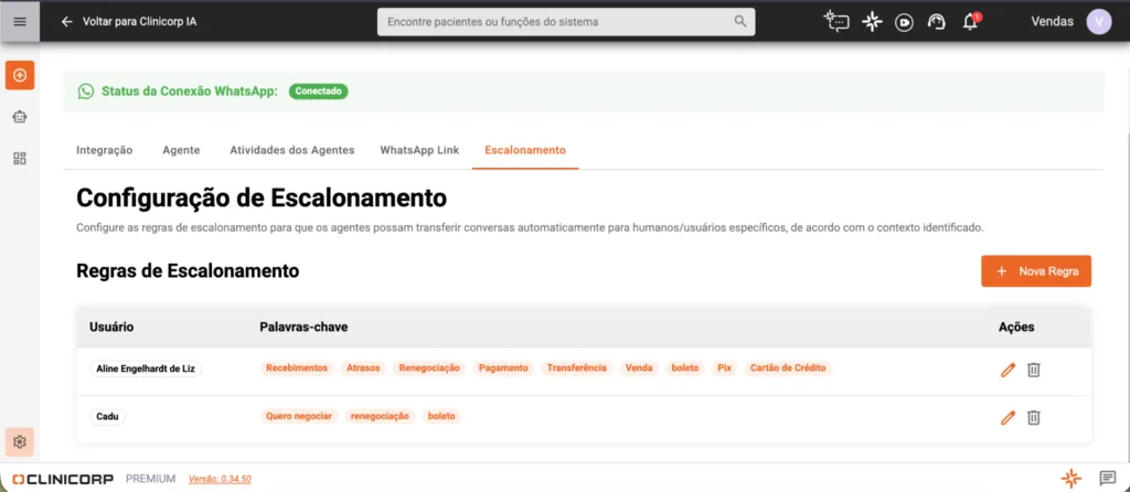 Configuração do escalonamento dos Agentes Clinicorp IA, com as palavras-chave que transferem a conversa para um humano
