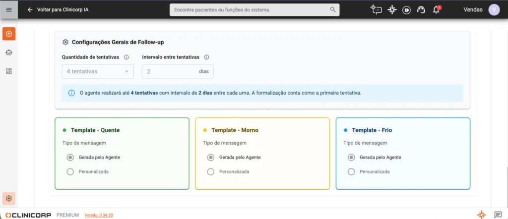 Configurações gerais de follow-up dos Agentes Clinicorp IA, com tentativas e templates por temperatura