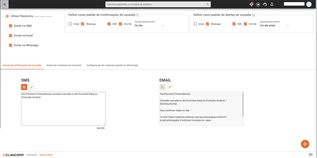 Tela de configuração das confirmações e alertas de consulta no Clinicorp, com os modelos de SMS e e-mail