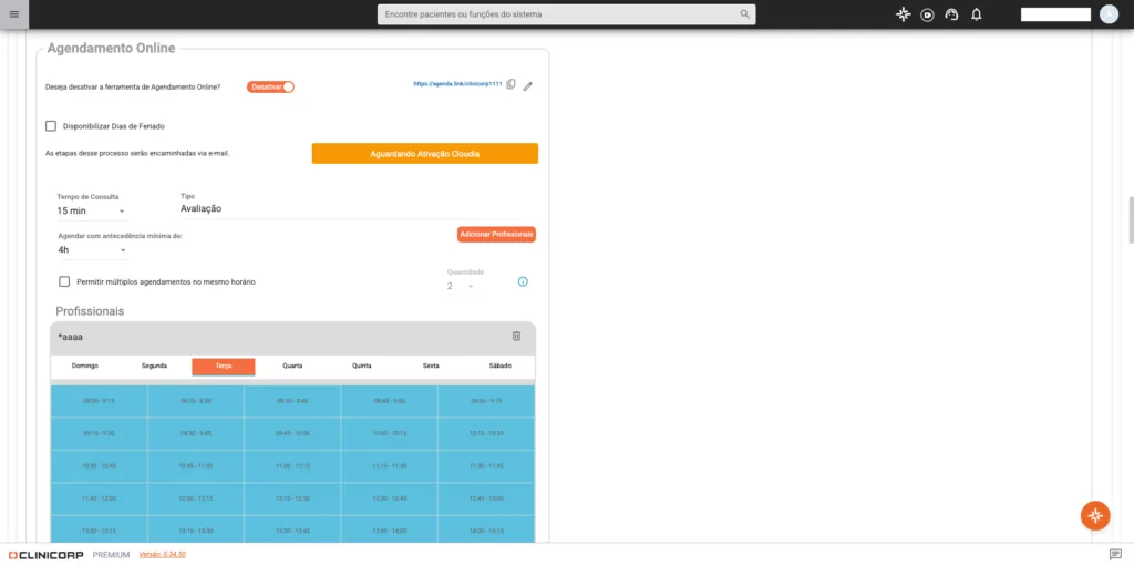 Tela de configuração do agendamento online no Clinicorp, com tempo de consulta e grade de horários