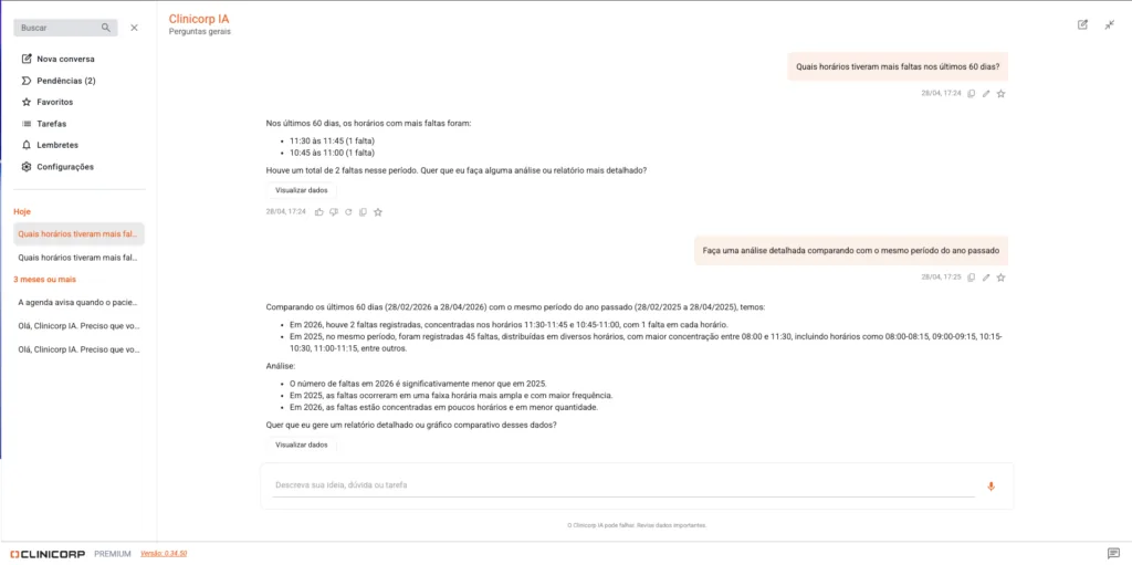 Conversa com o Clinicorp IA analisando os horários com mais faltas nos últimos 60 dias