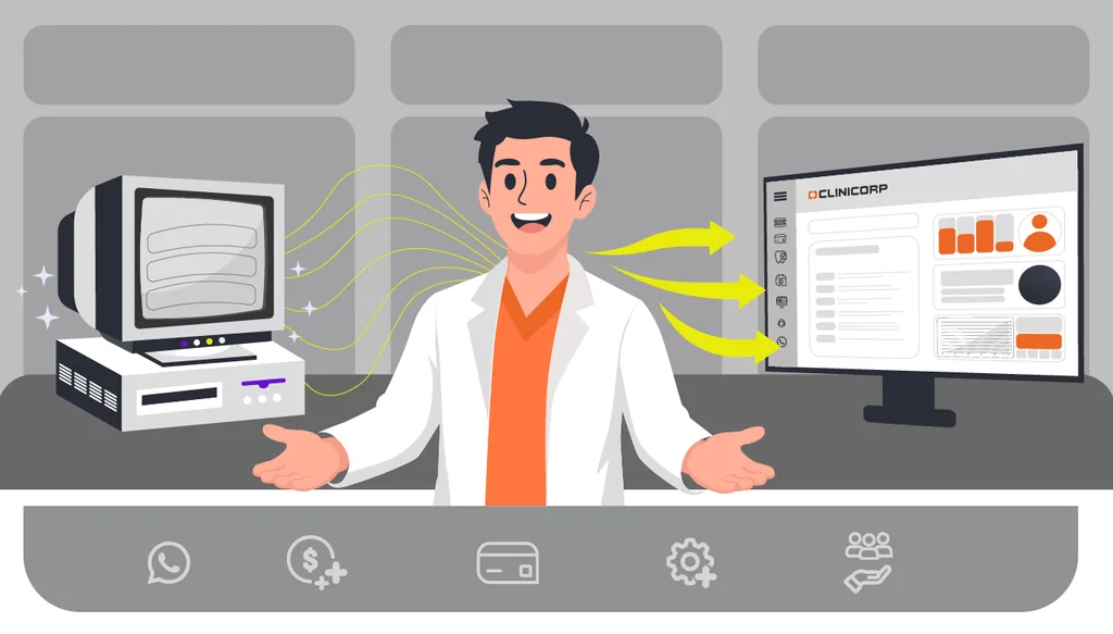 Ilustração de um dentista sorridente realizando a migração de dados de um computador antigo para um software odontológico moderno com painel de indicadores.