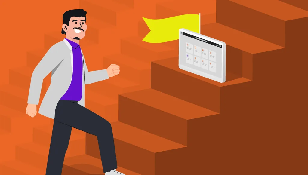 Imagem ilustrativa de um gestor de clínica odontológica subindo escadas, como se estivesse começando a seguir o rumo de digitalização da clínica, com um degrau com a representação da tela de um software odontológico.