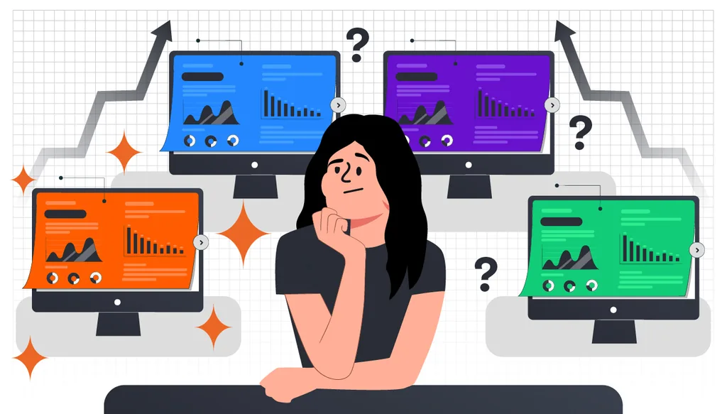 Ilustração de uma profissional em dúvida ao comparar diferentes opções de receita recorrente de software em telas de computador com gráficos.