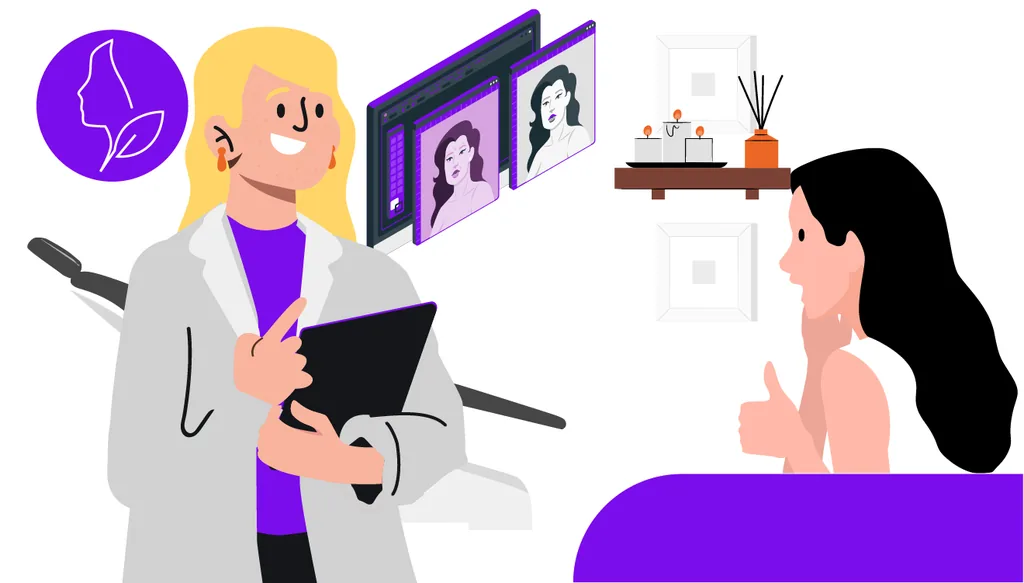 Ilustração de profissional de clínica de estética apresenta simulação facial digital para paciente durante avaliação, utilizando tecnologia para apoiar e aumentar a conversão de tratamentos.