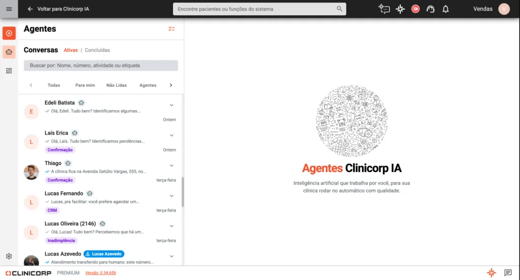 Atendimento automatizado: atendimento realizado pelos Agentes Clinicorp IA via WhatsApp dentro do Clinicorp.