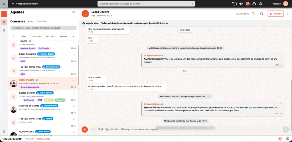 Conversa do Agente Clinicorp IA transferindo o atendimento de um paciente para um humano